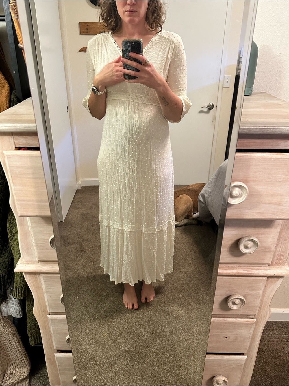Knox Rose Cream 3/4 Sleeve Flowy V-Neck Peasant Maxi Dress